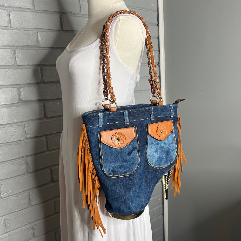 Denim & Fringe Stiletto Heel with Rhinestones Women's Handbag - Picture 2 of 16